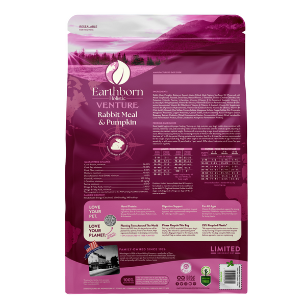 Earthborn Holistic Venture Limited ingredient Grain Free Rabbit Meal and Pumpkin Dry Dog Food