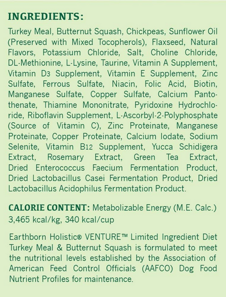 Earthborn Holistic Venture Limited Ingredient Grain Free Turkey Meal and Pumpkin Dry Dog Food