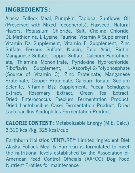 Earthborn Holistic Venture Grain Free Alaska Pollock Meal and Pumpkin Dry Dog Food