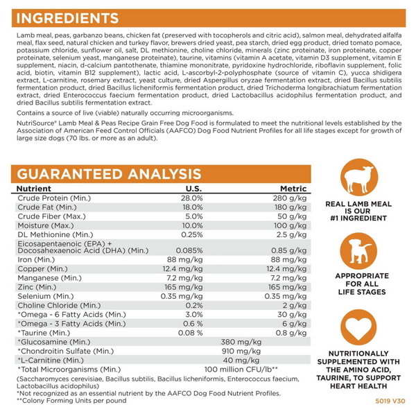 Nutrisource Grain Free Lamb Meal & Pea Dog Food