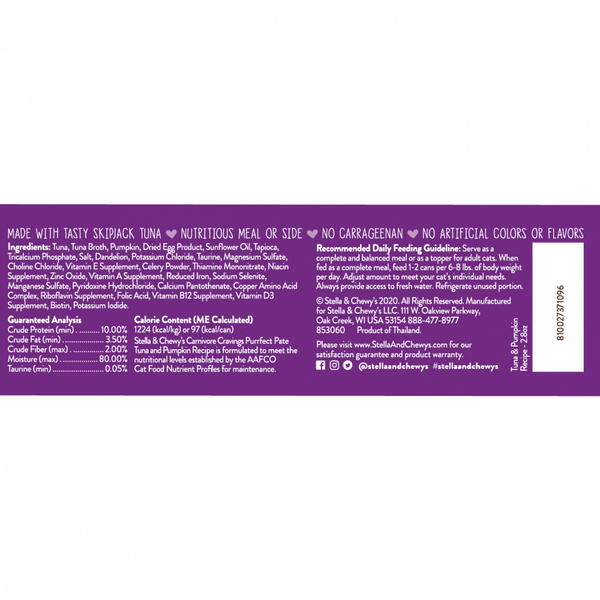 Stella & Chewy's Carnivore Cravings Purrfect Pate Tuna & Pumpkin Pate Recipe in Broth Wet Cat Food