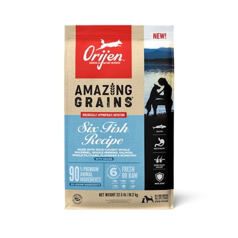 Orijen Amazing Grains Six Fish Dry Dog Food Mackerel, Herring, Salmon, Pilchard, Flounder & Monkfish