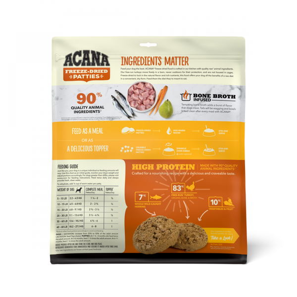 Acana Freeze Dried Dog Food & Topper, Grain Free, High Protein,  Fresh & Raw Animal Ingredients, Free-Run Turkey Recipe, Patties