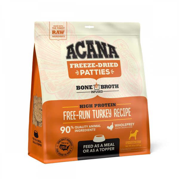 Acana Freeze Dried Dog Food & Topper, Grain Free, High Protein,  Fresh & Raw Animal Ingredients, Free-Run Turkey Recipe, Patties
