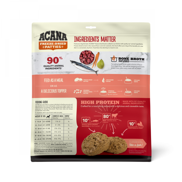 Acana Freeze Dried Dog Food & Topper, Grain Free, High Protein,  Fresh & Raw Animal Ingredients, Ranch Raised Beef Recipe, Patties