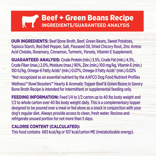 Wellness Bowl Boosters Hearty Toppers Beef & Green Beans Recipe in Savory Bone Broth Dog Food Toppers