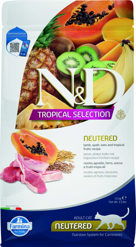 Farmina N&D Tropical Selection Feline Neutered  Lamb, Spelt, Oats and Tropical Fruits Feline Dry Cat Food