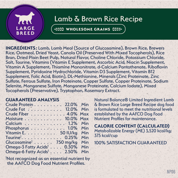 Natural Balance Limited Ingredient Dry Dog Food, Large Breed Lamb & Brown Rice Recipe
