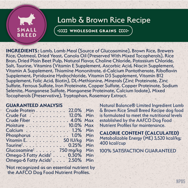 Natural Balance Limited Ingredient Dry Dog Food, Lamb & Brown Rice Small Breed Bites Recipe