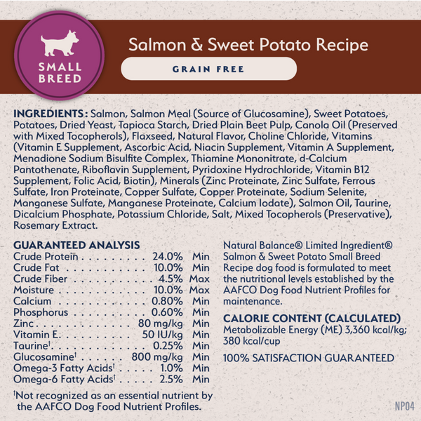 Natural Balance Limited Ingredient Grain Free Dry Dog Food for Small Breeds, Salmon & Sweet Potato