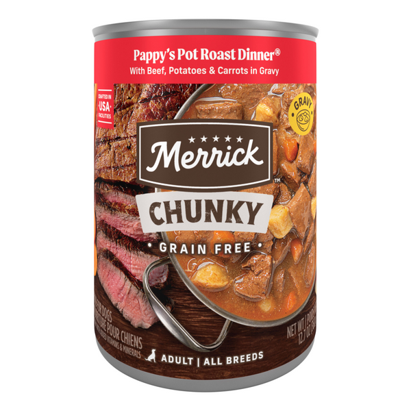 Merrick Chunky Grain Free Premium And Wholesome Canned Dog Food, Real Meat Pappys Pot Roast Dinner In Gravy