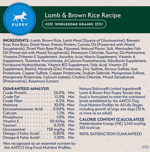 Natural Balance Limited Ingredient Lamb & Brown Rice Puppy Recipe Dry Dog Food