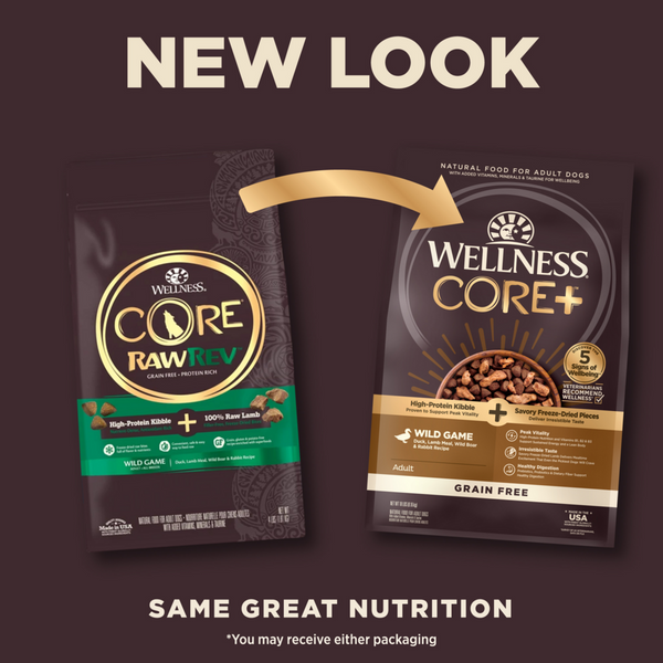 Wellness CORE RawRev Natural Grain Free Wild Game Duck, Lamb, Wild Boar & Rabbit with Freeze Dried Lamb Dry Dog Food