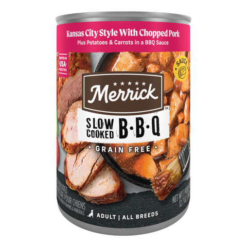 Merrick Wet Dog Food Slow-Cooked BBQ Kansas City Style with Chopped Pork Grain Free Canned Dog Food