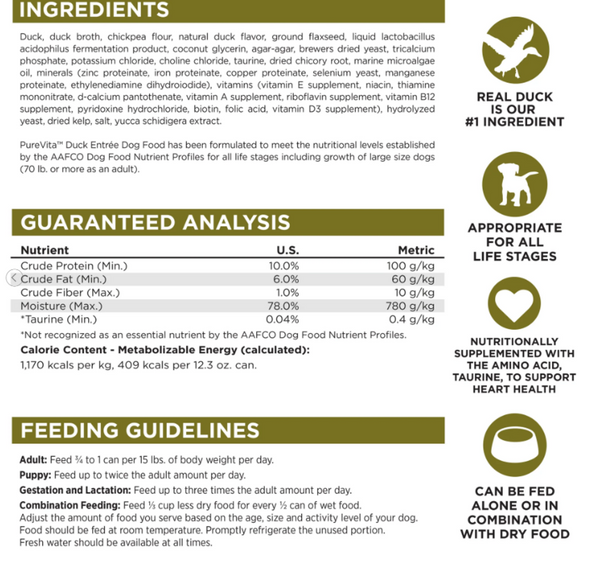 Nutrisource Pure Vita Grain Free Duck Entree Dog