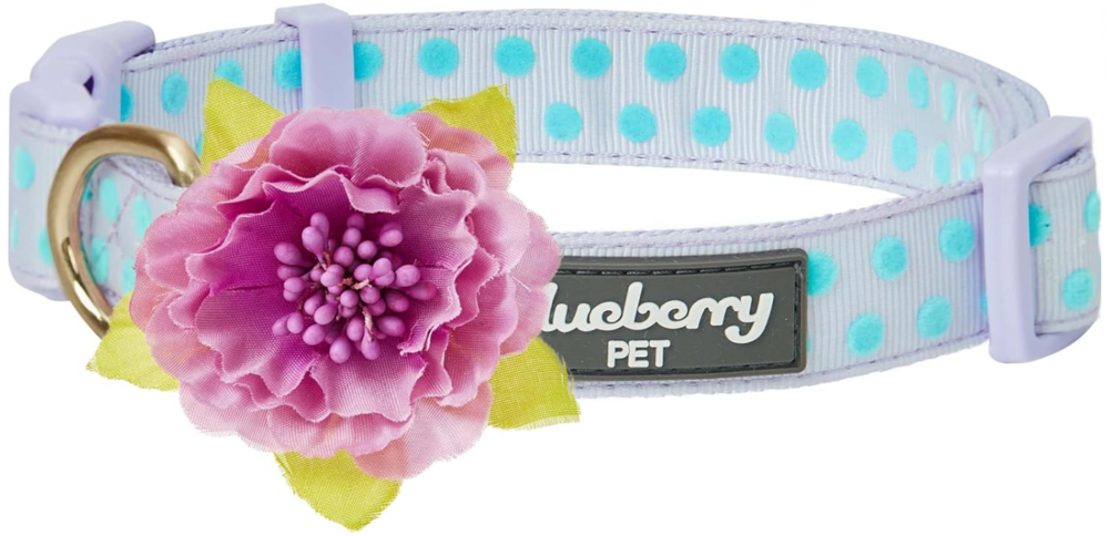 Blueberry Pet Polka Dot Flocking Adjustable Dog Collar, Pastel Purple with Detachable Velvety Flower
