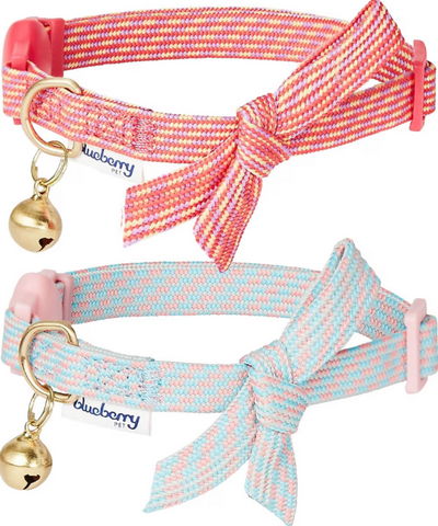 Blueberry Pet Glam Cutie Diagonal Striped Adjustable Breakaway Cat Collar with Bowtie and Bell 2 Pack