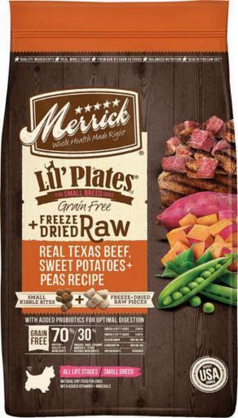Merrick Lil Plates Small Breed Dog Food Grain Free Real Texas Beef & Sweet Potato with Raw Bites Recipe Small Dog Food